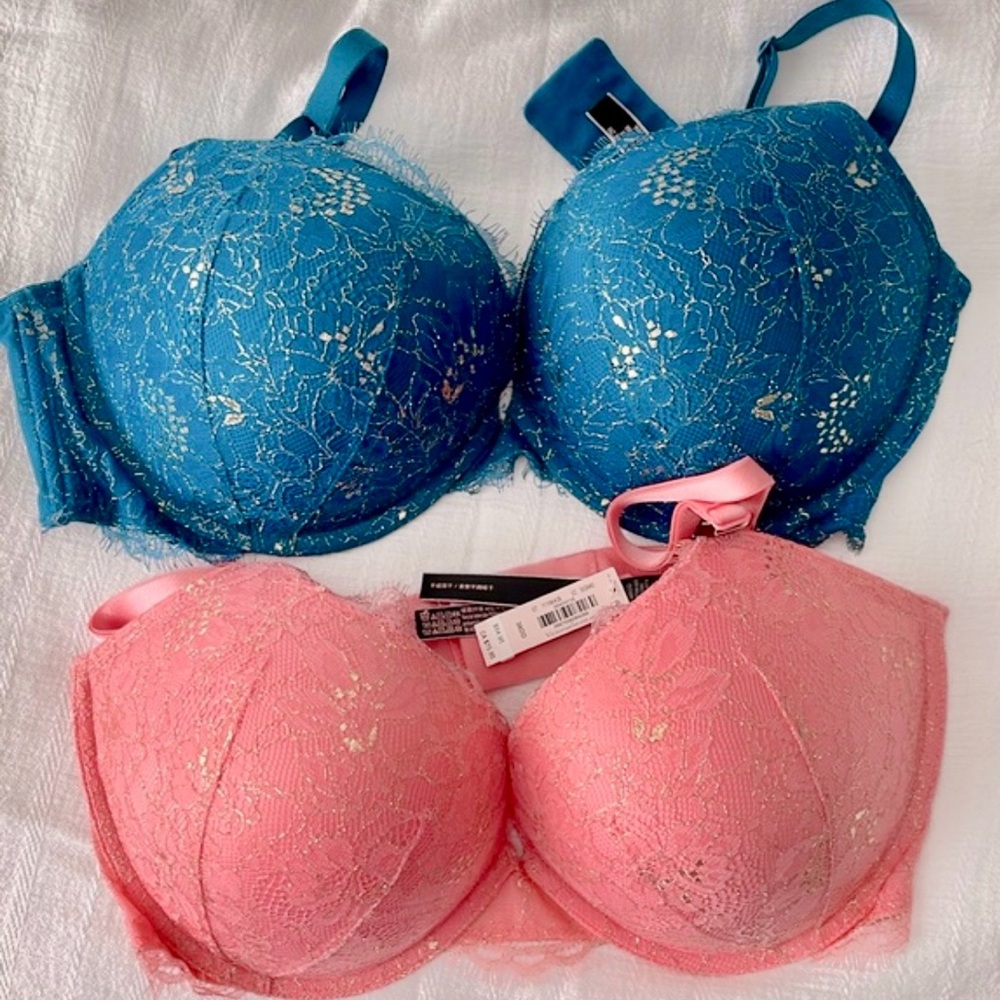 Victoria's Secret Teal Blue and Coral Pink Lace Push-Up Bras